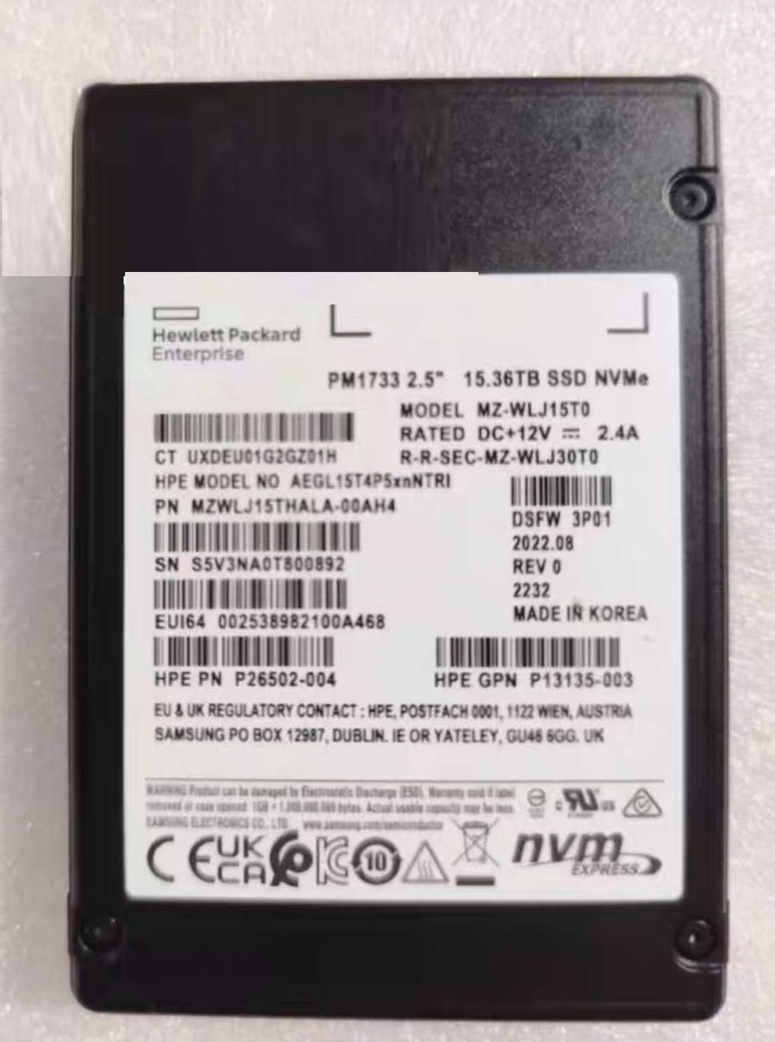 PM1733 15.36TB SSD NVMe AEGL15T4P5xnNTRI MZ-WLJ1T0 P26502-004