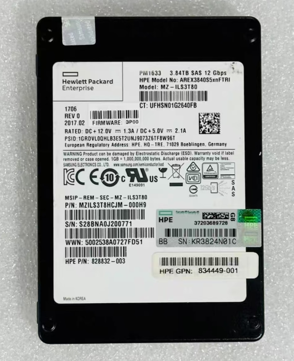 Enterprise grade solid-state drive PM1633 3.84TB U.2 NVMe PCIe high-speed read and write compatible with HPE DL380 Gen10