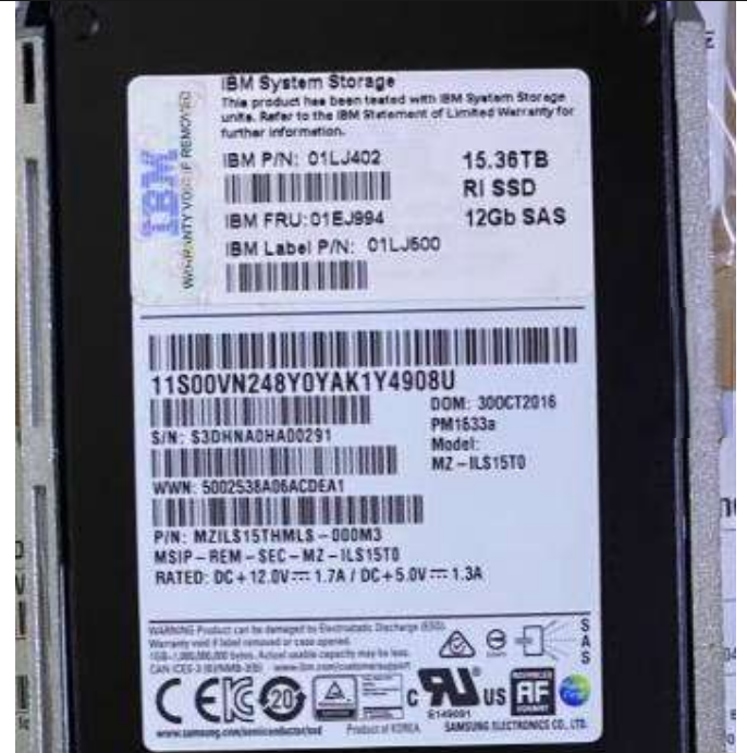 Original 15.35TB enterprise grade hard drive model 01LJ424 PM1633A, including original tray bracket 01EJ998